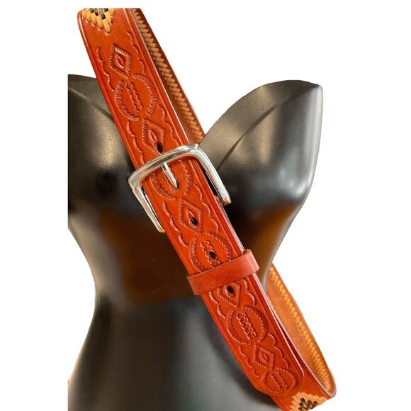 Red Brown Leather Mens 42 Western Belt Tan Dark Brown Stitching Southwest Cowboy - Picture 5 of 9